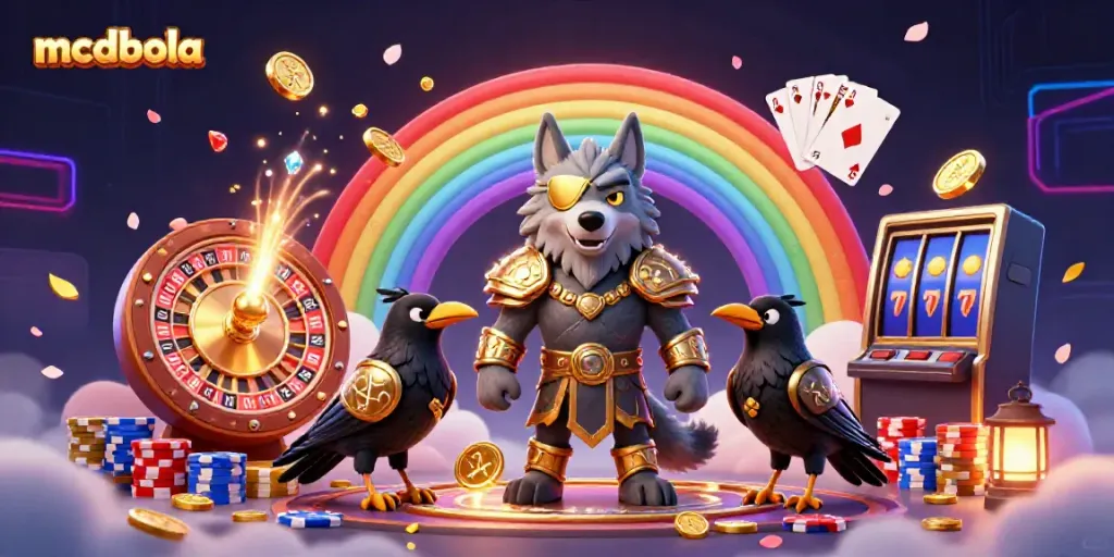 Gambarlah mcdbola yang menampilkan karakter mitologi Odin dan raven dengan chip kasino, koin emas terbang, dan atmosfer yang menakjubkan.