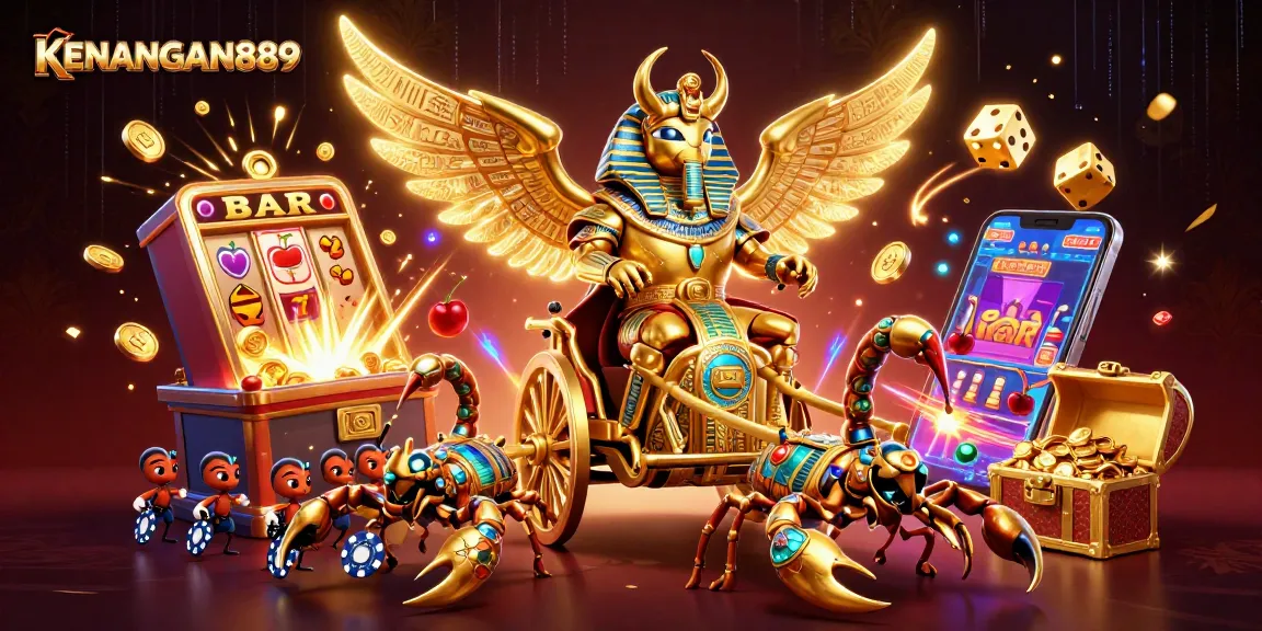 Win big with KENANGAN889's vibrant casino scene featuring colorful slots and golden treasures