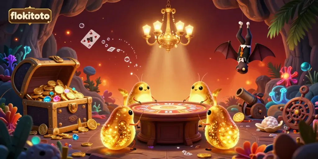 Experience the excitement of flokitoto with a vibrant casino scene filled with glowworms, gold coins, and illuminated games.