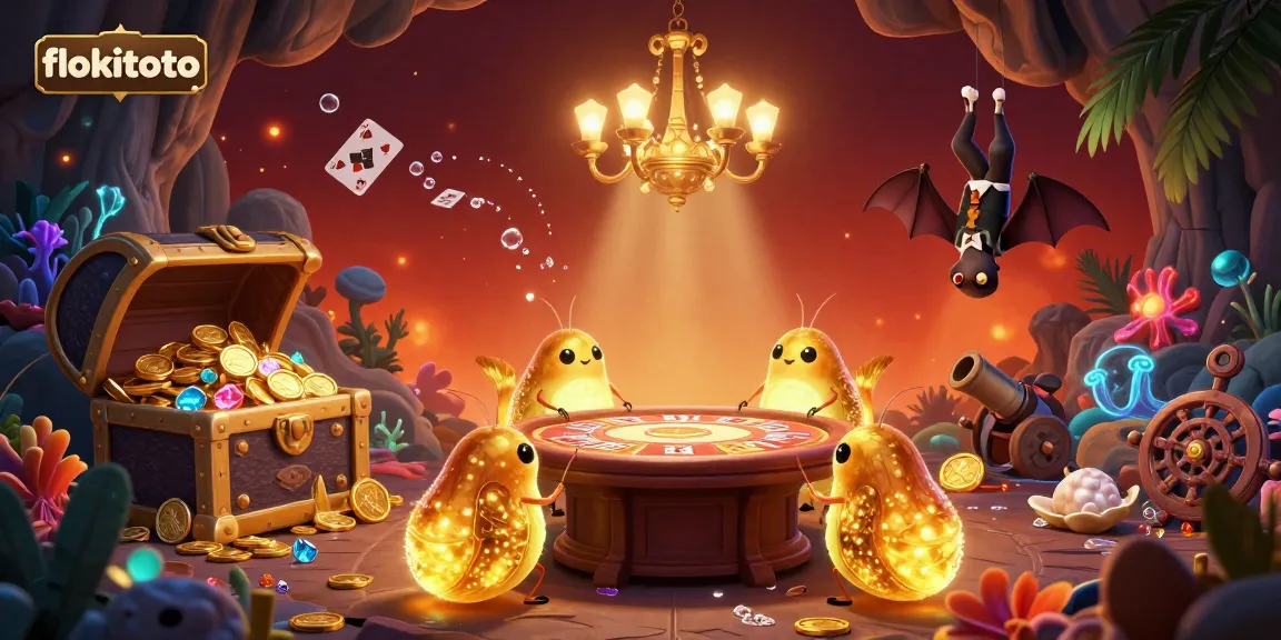 Experience the excitement of flokitoto with a vibrant casino scene filled with glowworms, gold coins, and illuminated games.