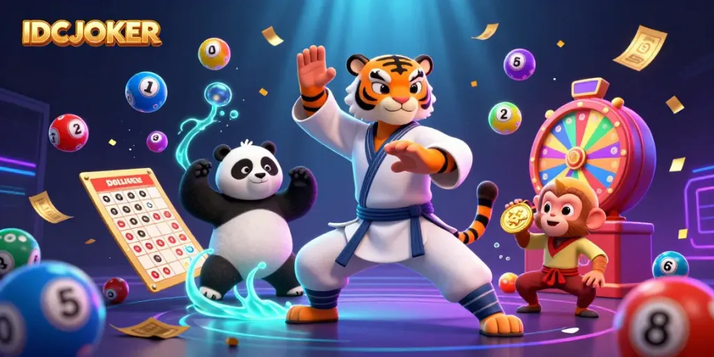 Engage with IDCJOKER's vibrant lottery scene featuring a kung fu tiger master and playful characters.
