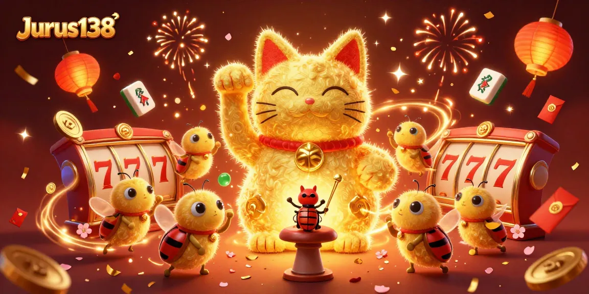 Join the fun at Jurus138 with this vibrant lucky cat illustration celebrating casino games!