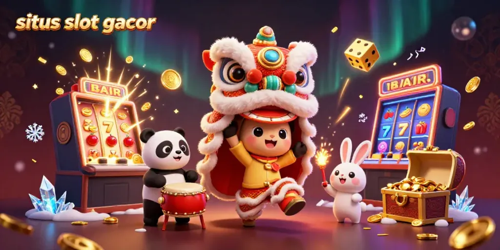 Experience the excitement of situs slot gacor with a dynamic festive casino scene featuring lively characters and winning symbols.