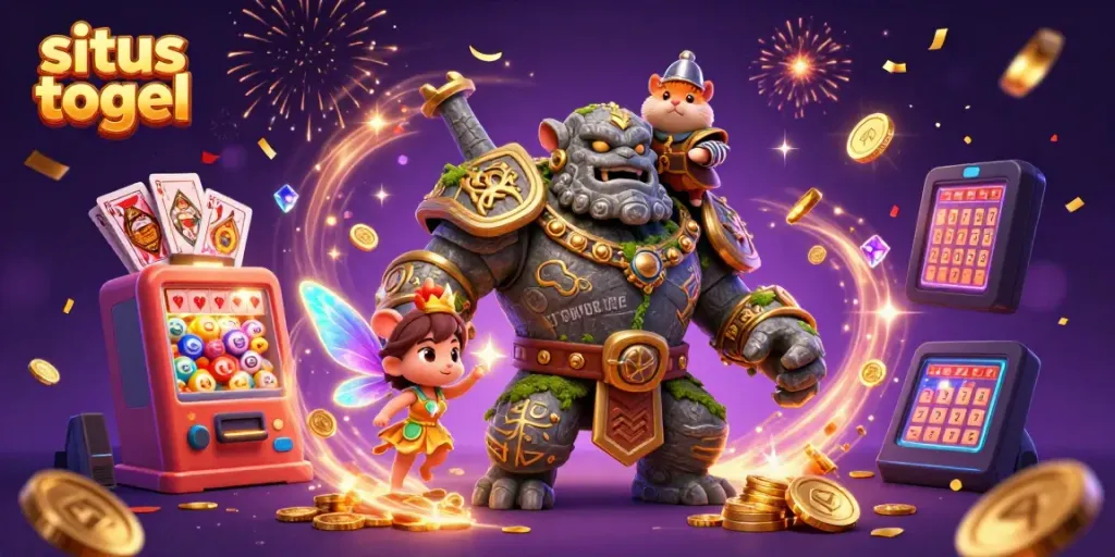 Experience the thrill of situs togel with a golem, fairy, and hamster in a festive casino scene.