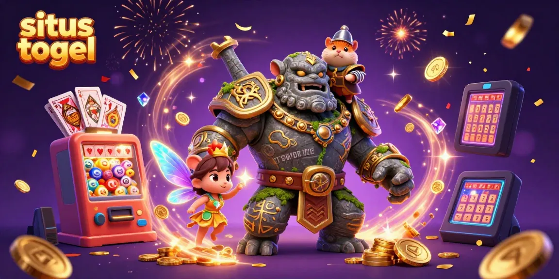 Experience the thrill of situs togel with a golem, fairy, and hamster in a festive casino scene.
