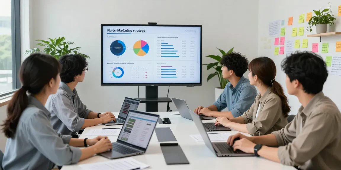 Professionals collaborating on a MidiaKit digital marketing strategy in a modern office.