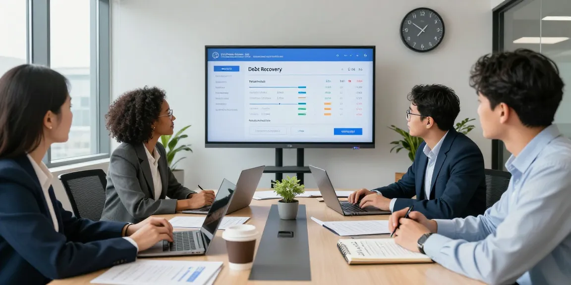 Professional team discussing Deutschsprachiges Inkasso strategies in a modern office setting with laptops and data insights.