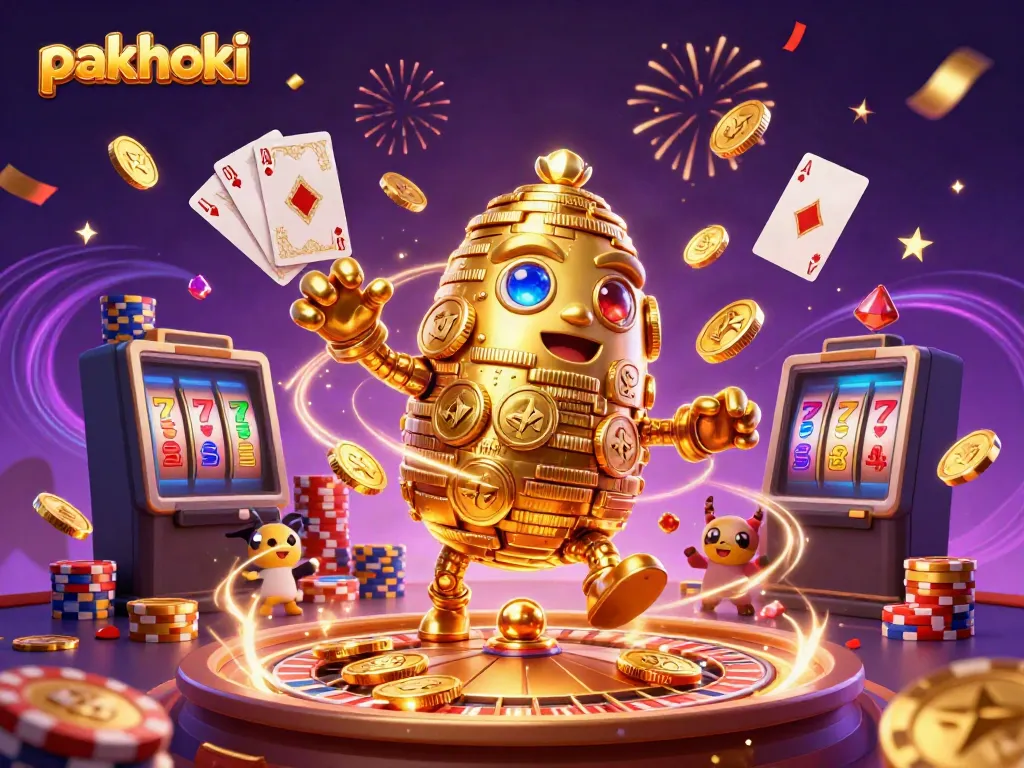 Permainan slot di pakhoki menghadirkan golem emas dan simbol menggembirakan dalam ilustrasi 3D yang dinamis.