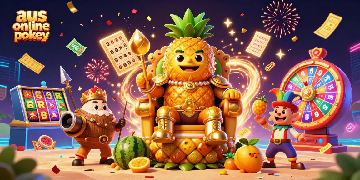 Spin to win with the vibrant aus online pokies scene featuring a pineapple king and festive casino elements.