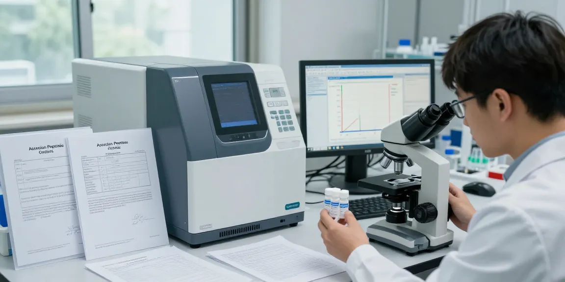 Ascension Peptides Review showing a researcher in a lab examining peptide vials and purity data