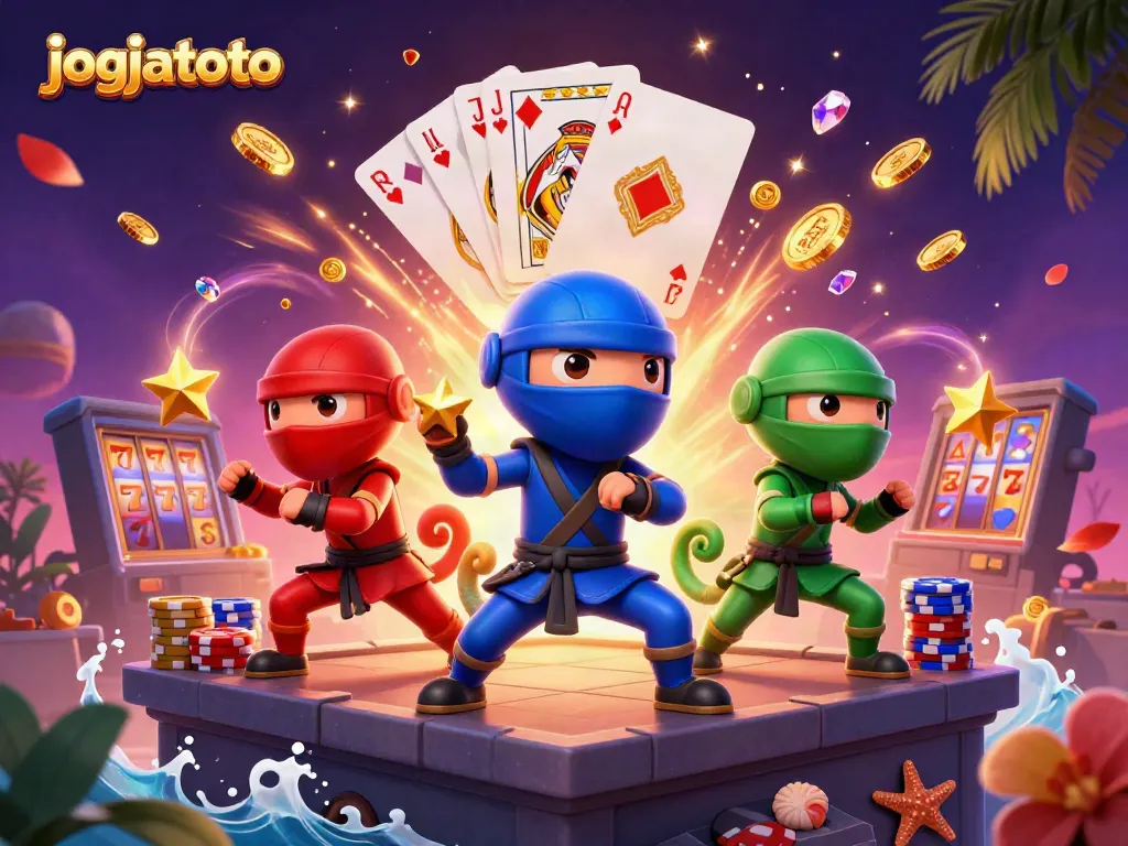Experience the thrill of jogjatoto with a vibrant ninja chameleon team in a dynamic casino scene.