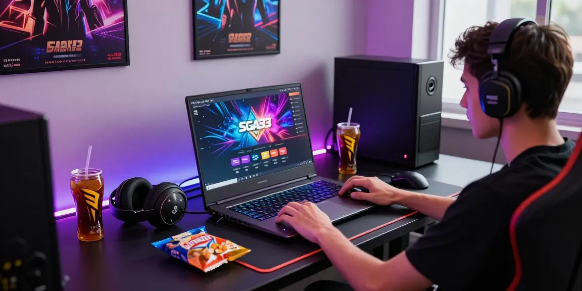 Seorang pemain mengakses platform Sga33 dengan laptop gaming di meja stylish diatur dengan aksesoris gaming.