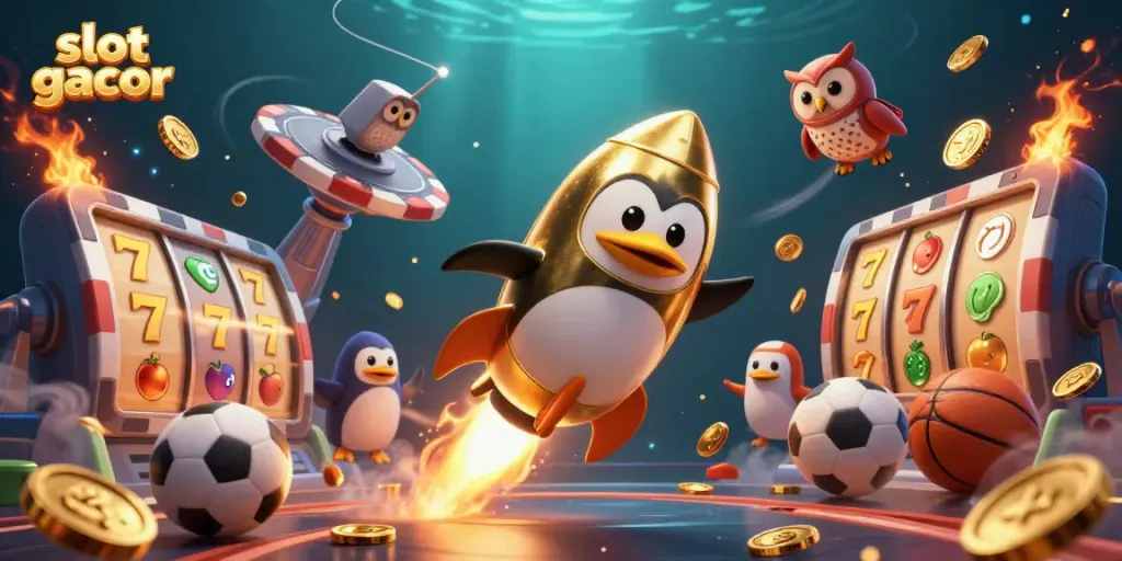 Experience exciting slot gacor action with a 3D penguin blasting through space toward a poker chip casino.