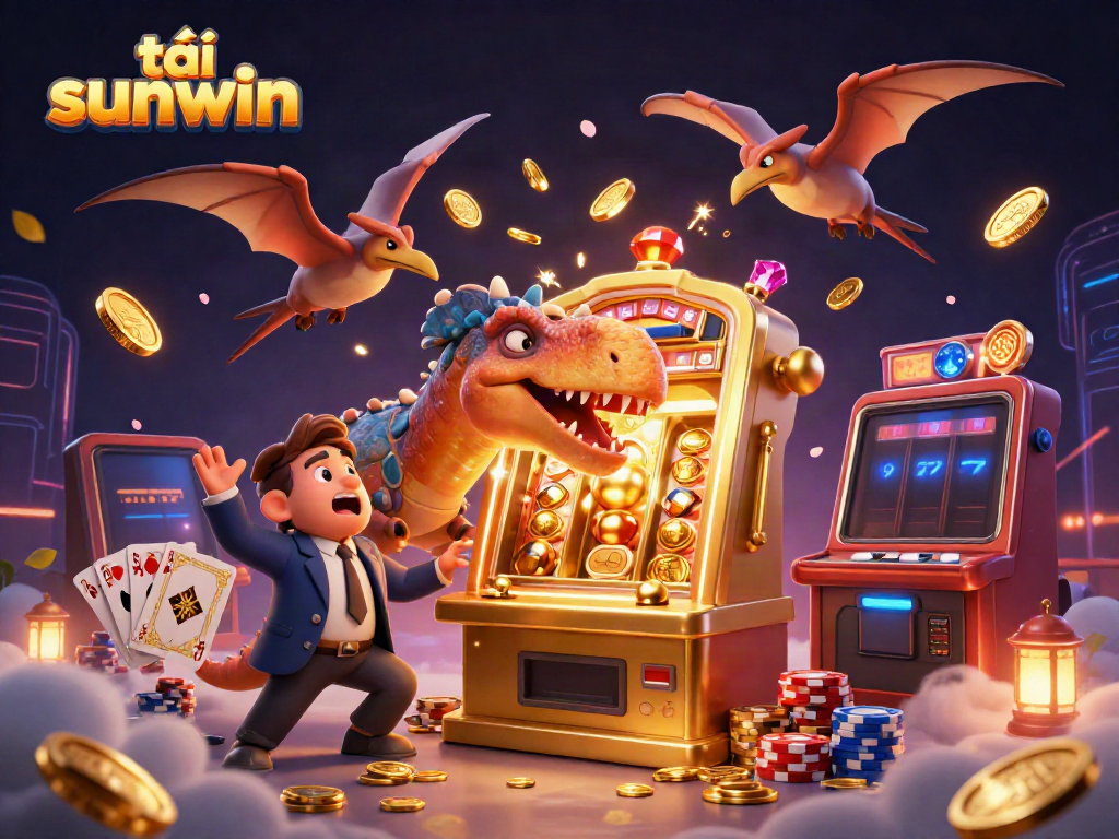 Catching golden coins while playing tải sunwin game with a dynamic pachycephalosaurus and casino characters.