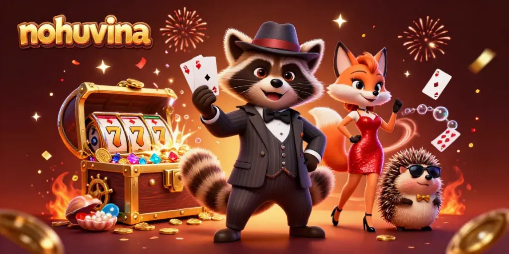 Engage in thrilling slots action with nohuvina, featuring dynamic characters and rich casino elements.
