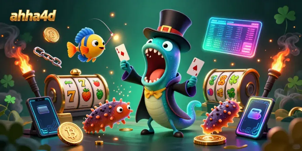 Aksi perjudian di ahha4d dengan karakter kartun laut dalam, gulper eel dan anglerfish, memperagakan trik sulap sambil dikelilingi simbol slot.
