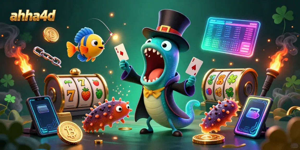 Aksi perjudian di ahha4d dengan karakter kartun laut dalam, gulper eel dan anglerfish, memperagakan trik sulap sambil dikelilingi simbol slot.