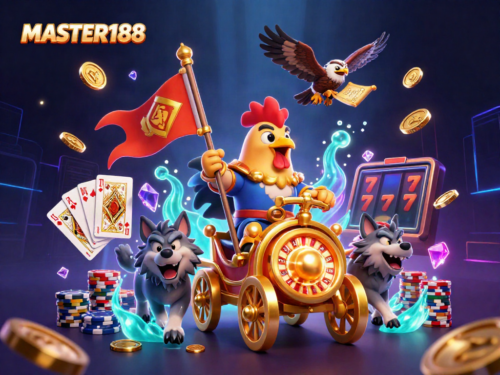 Experience exhilarating gameplay at MASTER188 with a vibrant scene of gaming excitement featuring slots and cards.