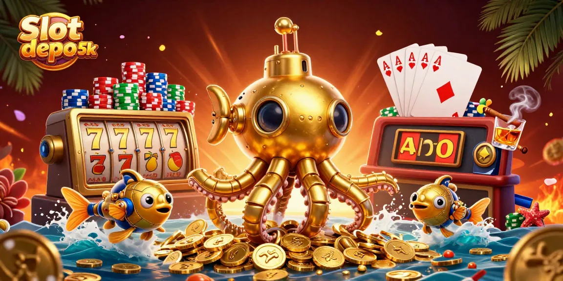 Experience Slot depo 5k excitement with a golden kraken submarine and vibrant casino elements.