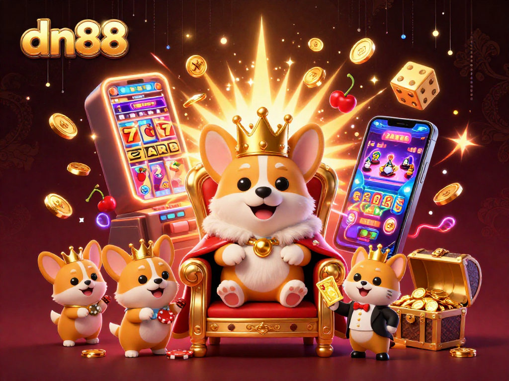 Experience thrilling gaming at dn88 with a royal corgi and casino excitement bursting with vibrant elements.