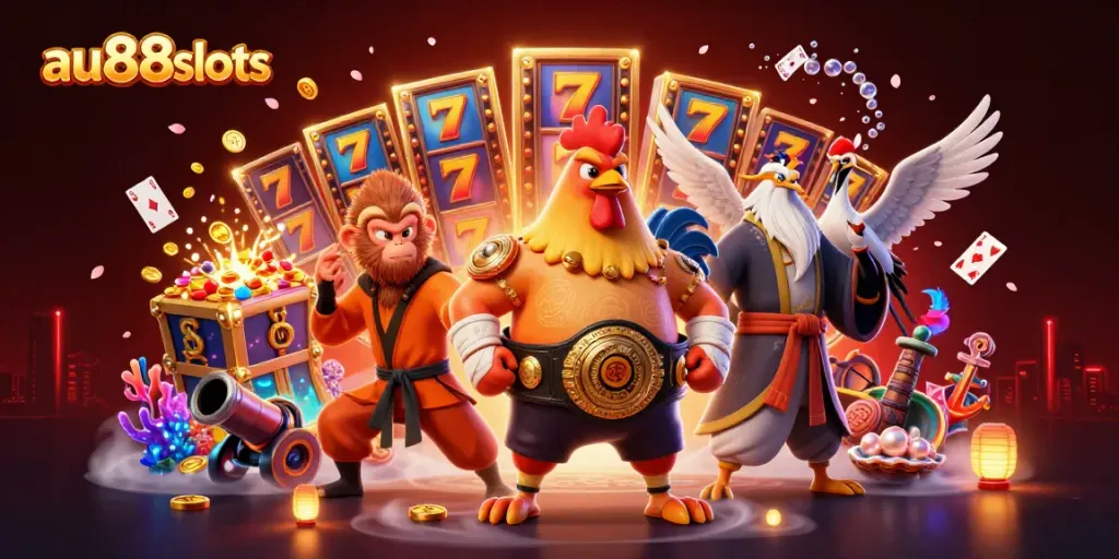 Engage in thrilling gaming with au88slots, featuring dynamic characters in a vibrant casino illustration