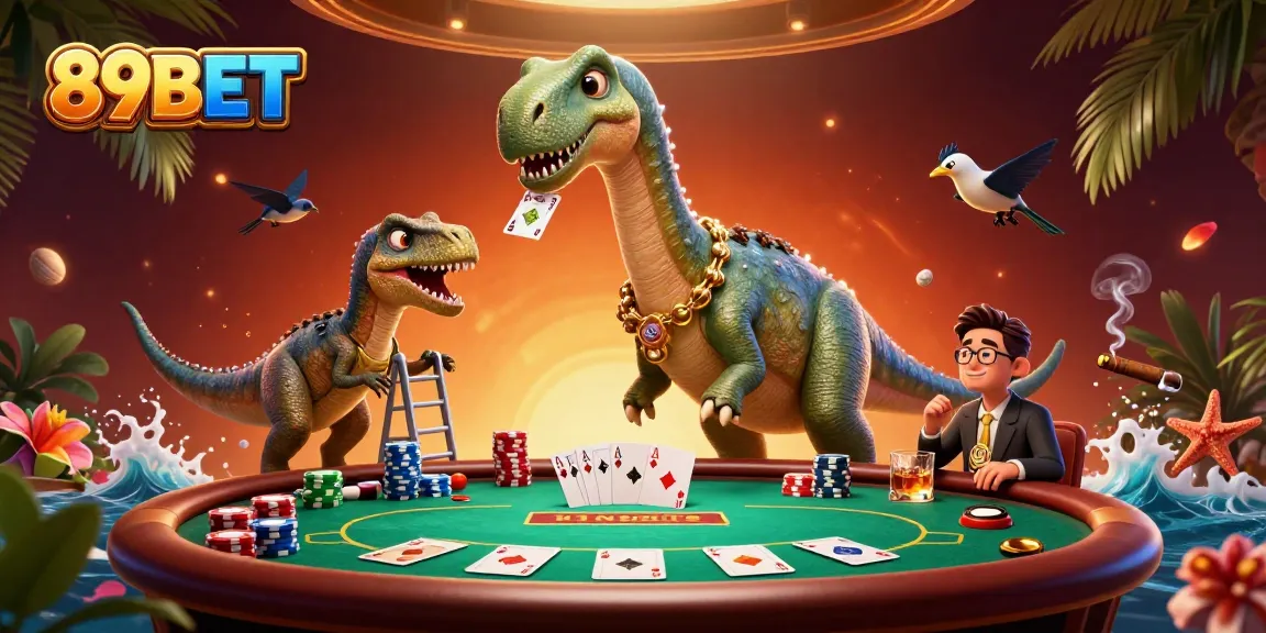 Engage in thrilling poker games at 89BET with stacked chips and a clever raptor dealer.