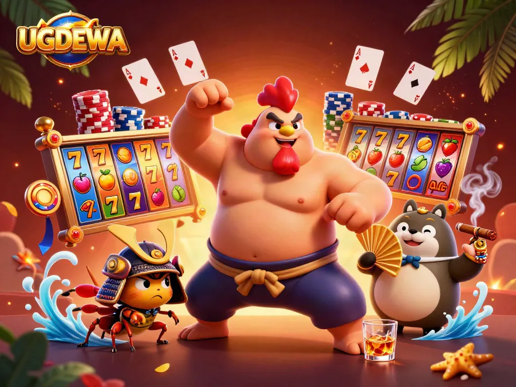 Win big with UGDEWA's vibrant online slots featuring spinning reels and colorful fruit symbols in a dynamic casino scene.