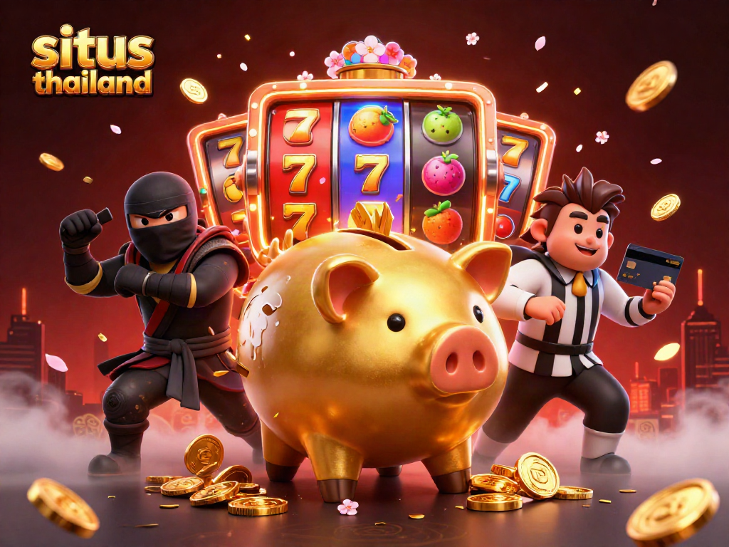 Engage with situs thailand's thrilling slots as a golden piggy bank sumo wrestles amidst dazzling game elements.