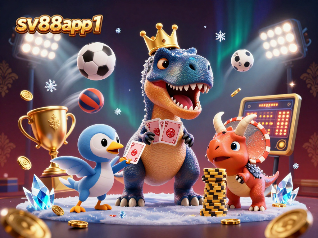 Engage with sv88app1's thrilling casino atmosphere illustrated by a T-Rex shuffling cards.