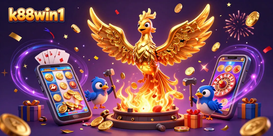 k88win1 showcases a vibrant casino scene with a molten gold phoenix, slot games, and festive elements.
