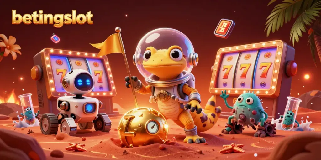Permainan slot menyenangkan di platform betingslot yang dirayakan oleh karakter alien dan robot di Mars.