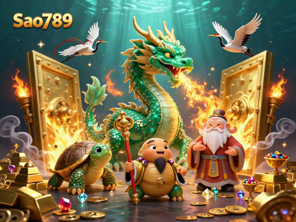 Sao789 offers thrilling casino experiences featuring a jade dragon, golden treasures, and lucky symbols.