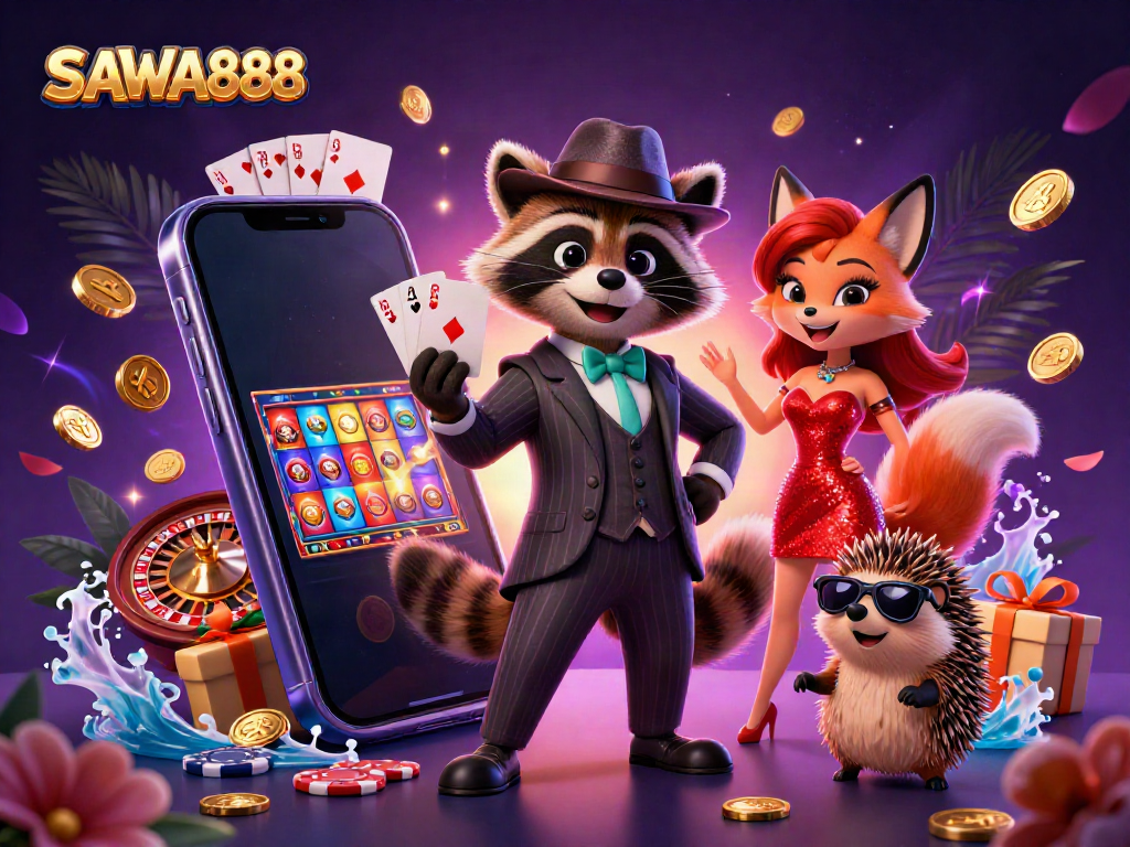 Experience the vibrant SAWA888 casino world with raccoon and friends playing slots.