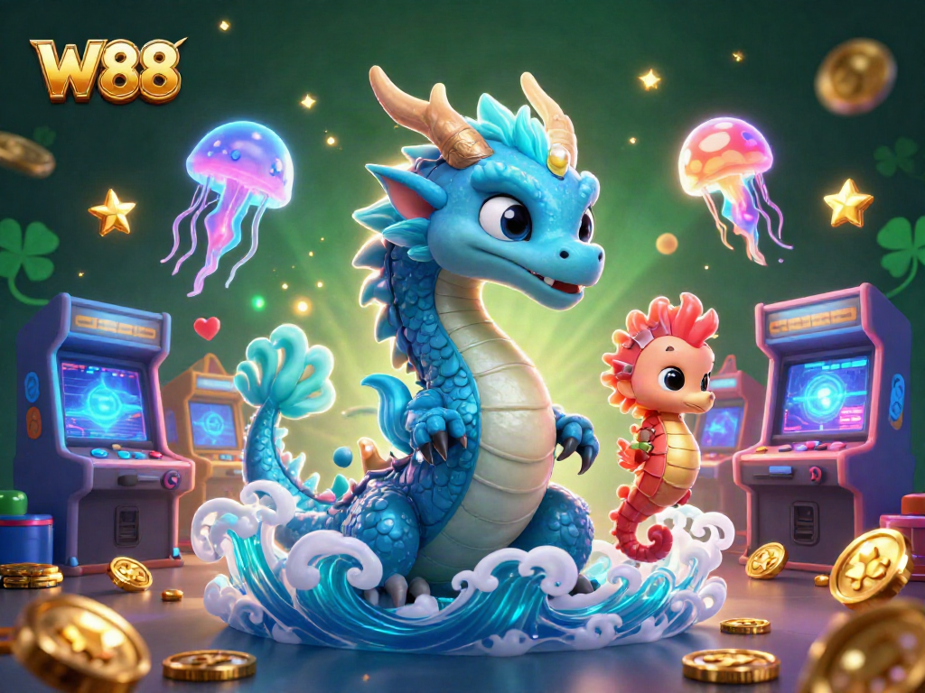 W88 players enjoy a vibrant casino scene with a water dragon, seahorse knight, and arcade machines.