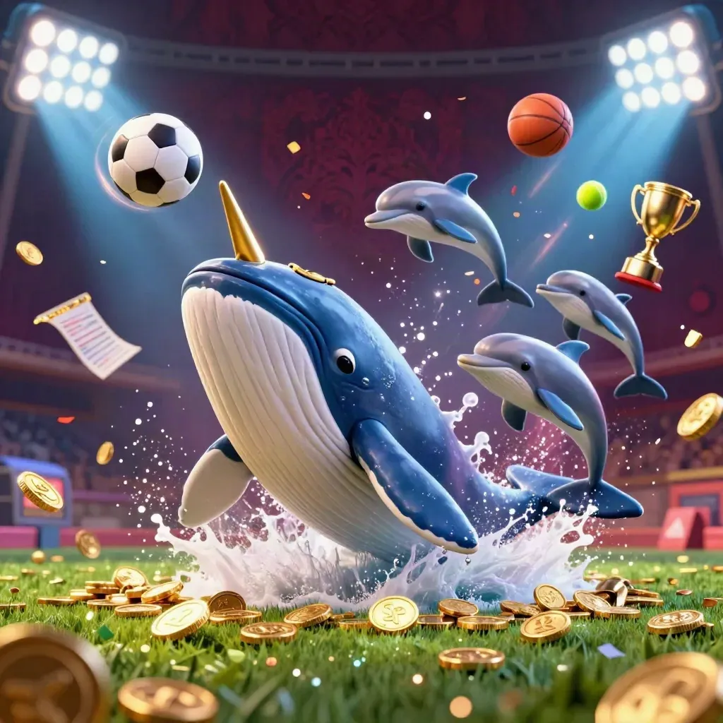 Paus kapten, narwhal, lumba-lumba, bola basket dan sepak bola di tengah ledakan koin neon.