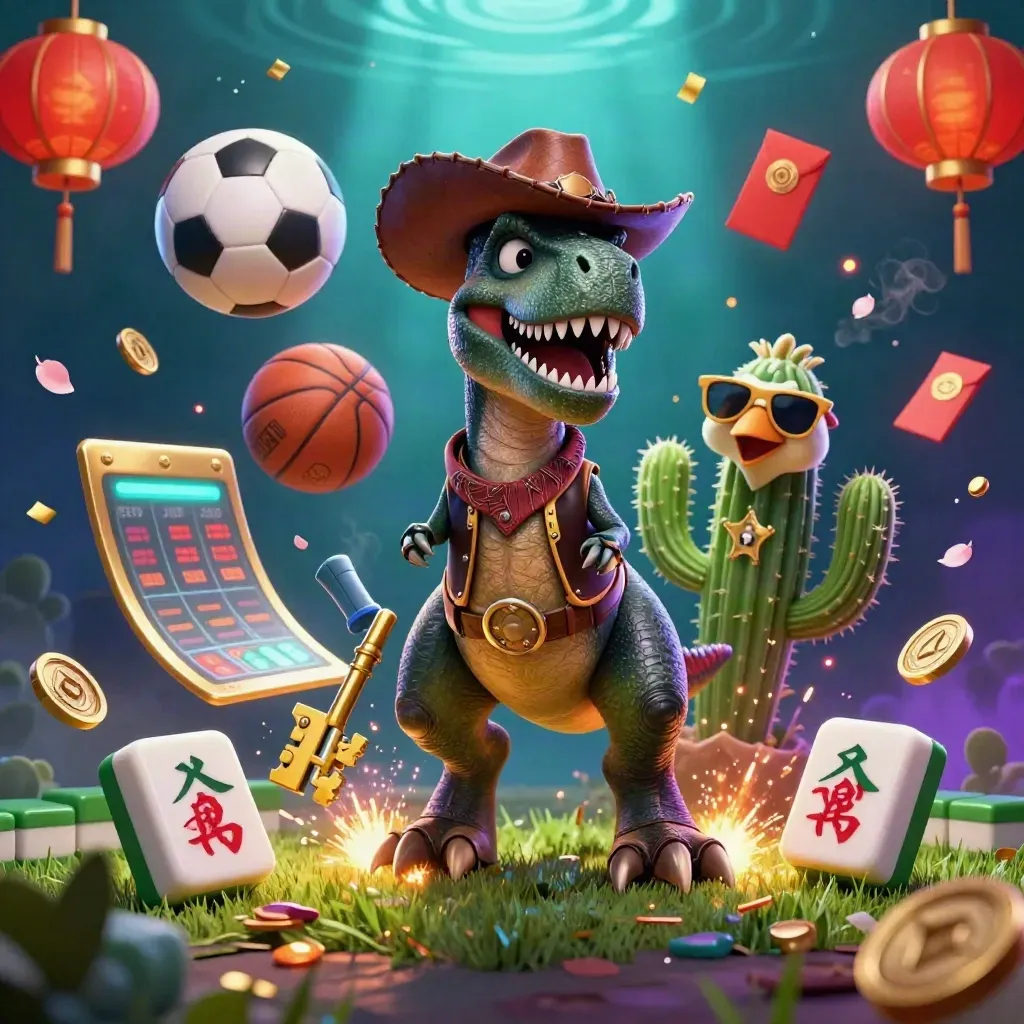 T-Rex koboi, kaktus, dan roadrunner di ledakan bola, koin, dan neon kasino.