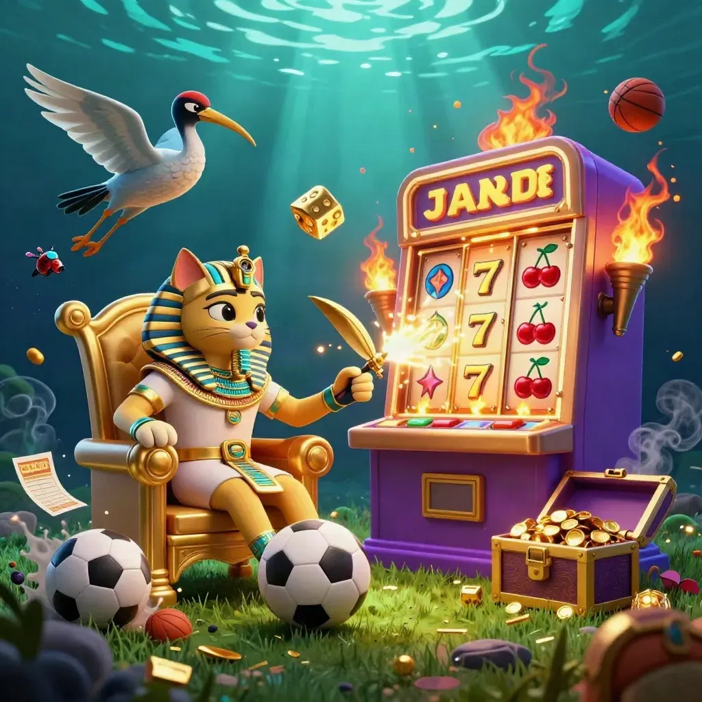 Kucing firaun, ibis, dan scarab neon di tengah ledakan slot, bola, dan koin emas.