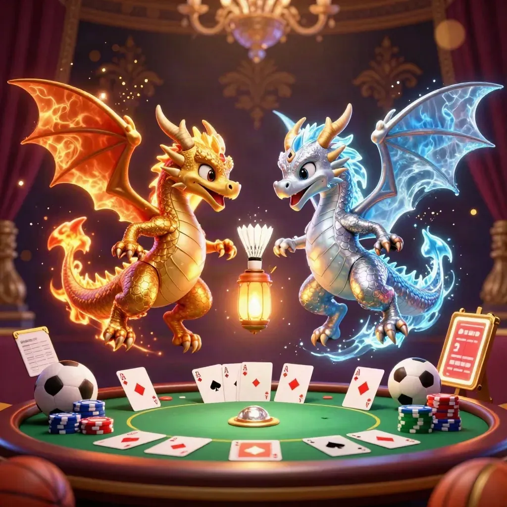 Dua naga emas dan perak mengitari lentera kecil, dikelilingi kartu poker dan bola olahraga neon.