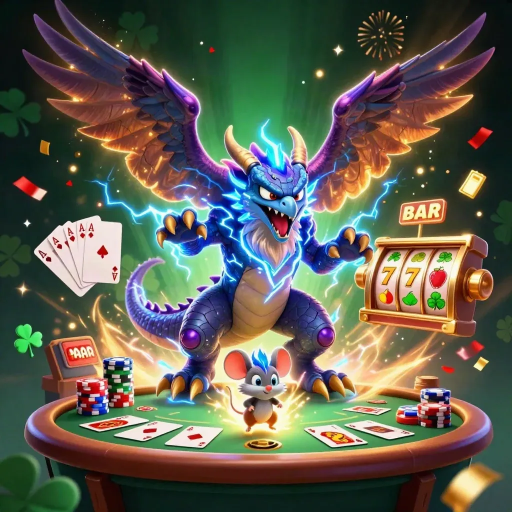 Naga petir, elang angin, dan tikus listrik di meja poker neon dengan kartu, chip, dan kembang api.