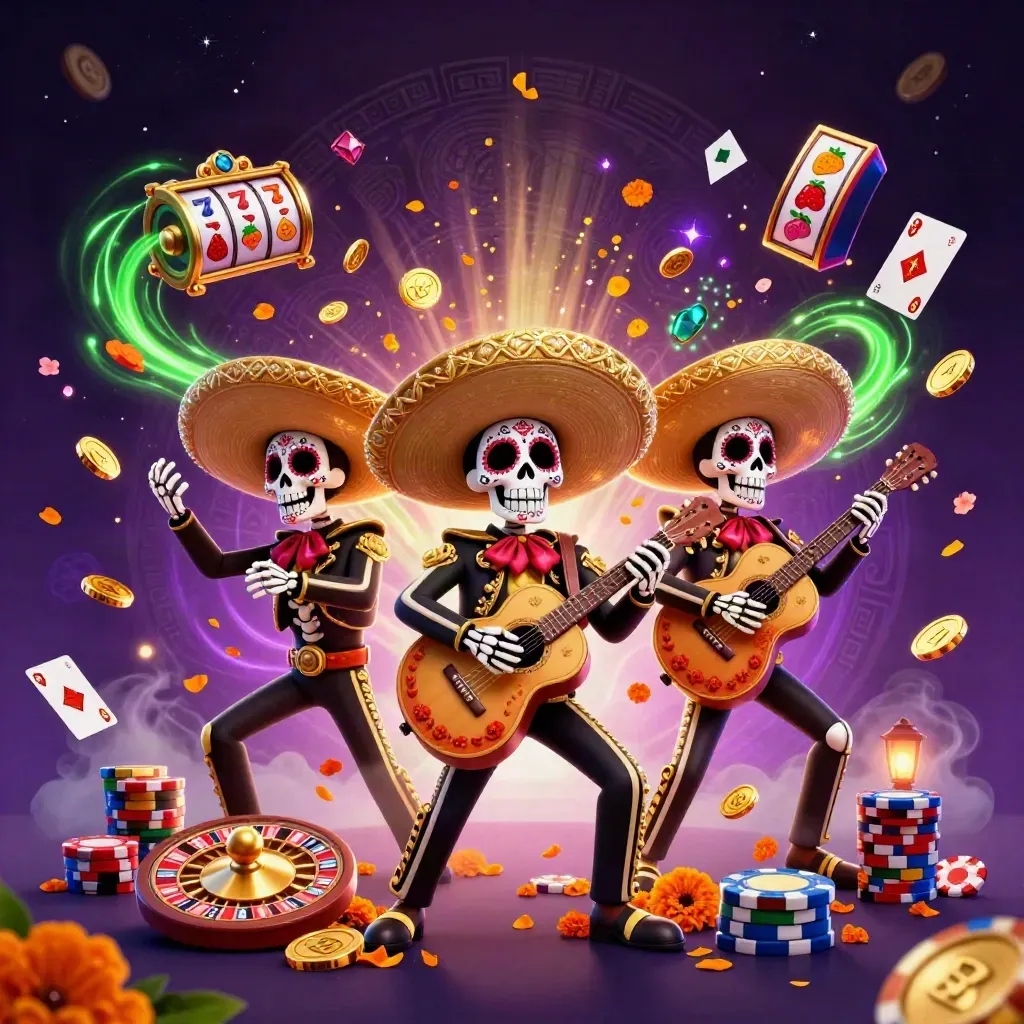 Kerangka mariachi Day of the Dead dikelilingi koin emas, permata, roulette, dan cahaya hijau neon.
