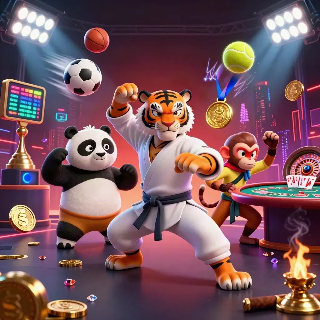 Harimau kung-fu, panda, dan monyet di kasino neon dengan bola, trofi, koin, dan cahaya emas.