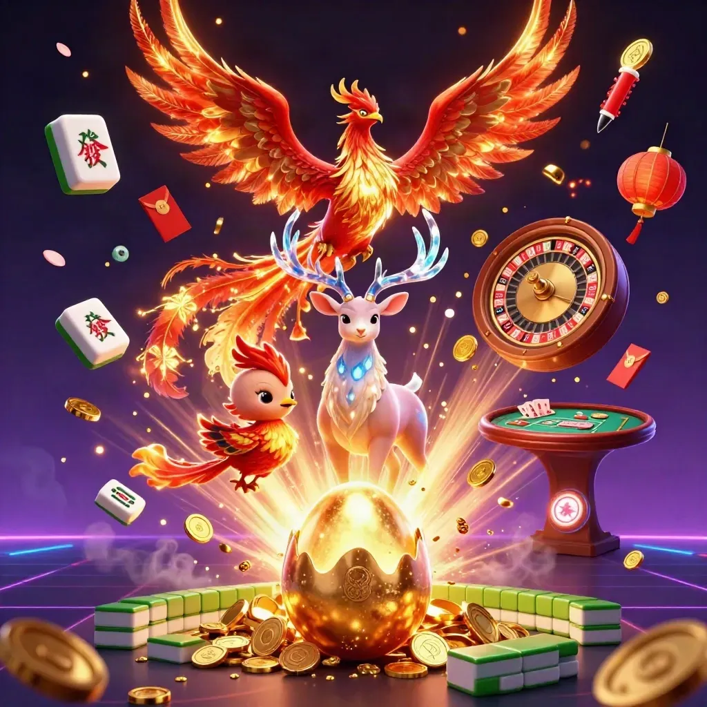 Phoenix emas, rusa kristal, dan bayi phoenix di tengah ledakan koin, lampion, dan api neon.