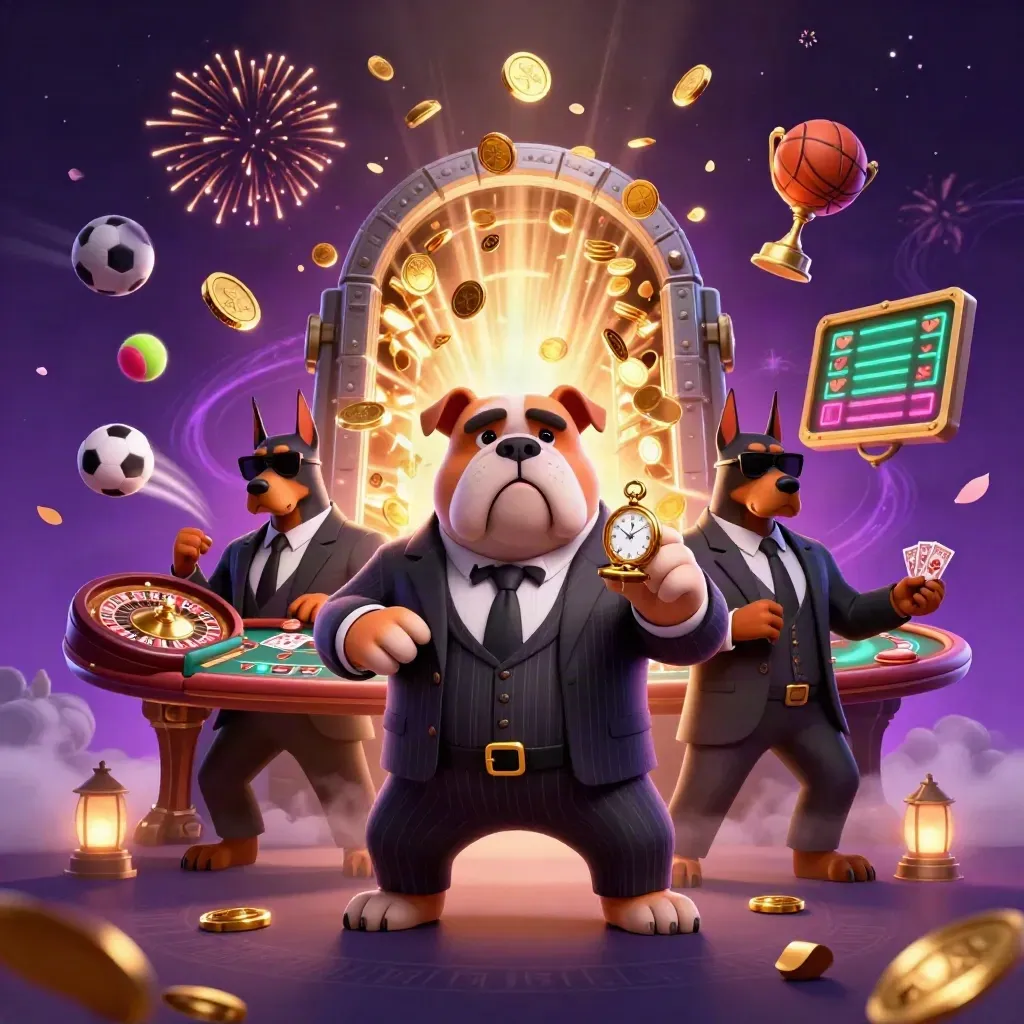 Buldog mafia 3D dan dua doberman di tengah ledakan koin, trofi, bola olahraga, dan cahaya neon.