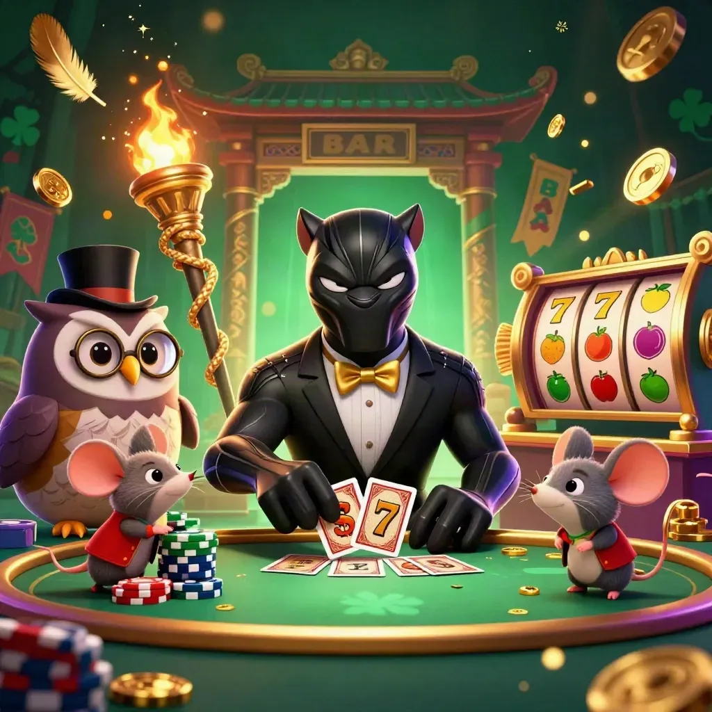 Panter, burung hantu, dan tikus kartun main kartu di kasino neon hijau emas.