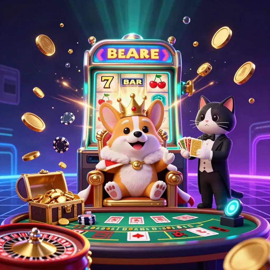 Raja corgi dan kucing pelayan di tengah ledakan jackpot kasino neon, penuh koin dan efek cahaya.