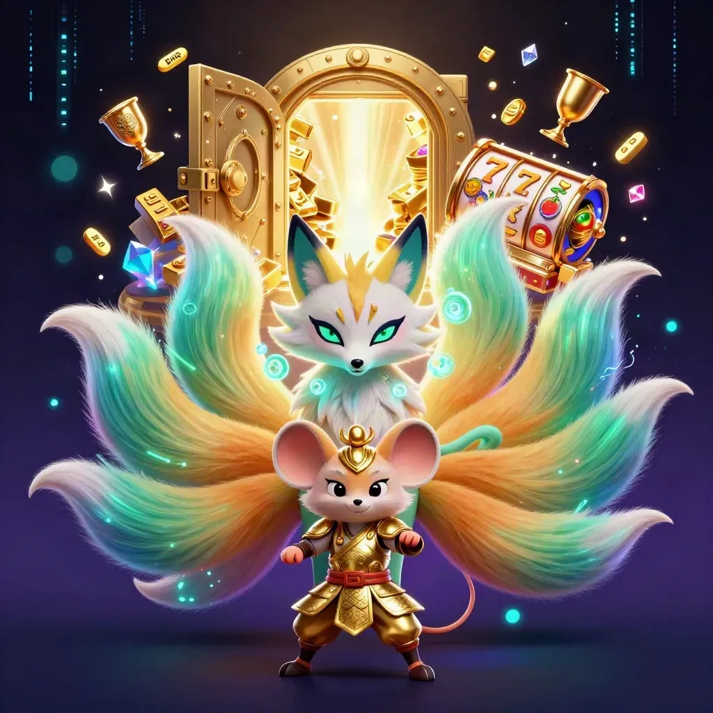 Rubah roh berekor sembilan dan tikus samurai emas di depan brankas emas dan efek neon.