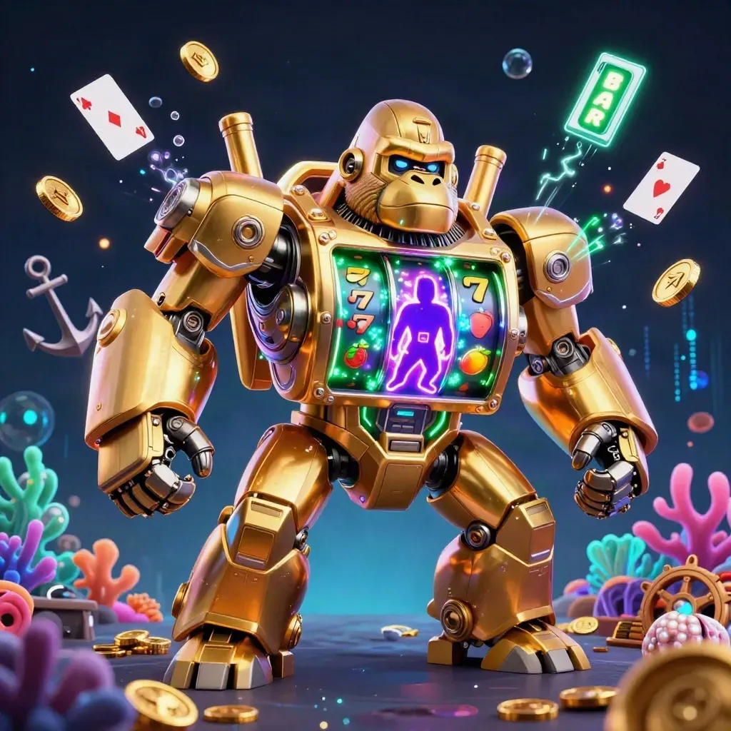 Gorila mech emas dengan pilot monyet, di lautan harta neon, penuh koin dan cahaya ungu-hijau.