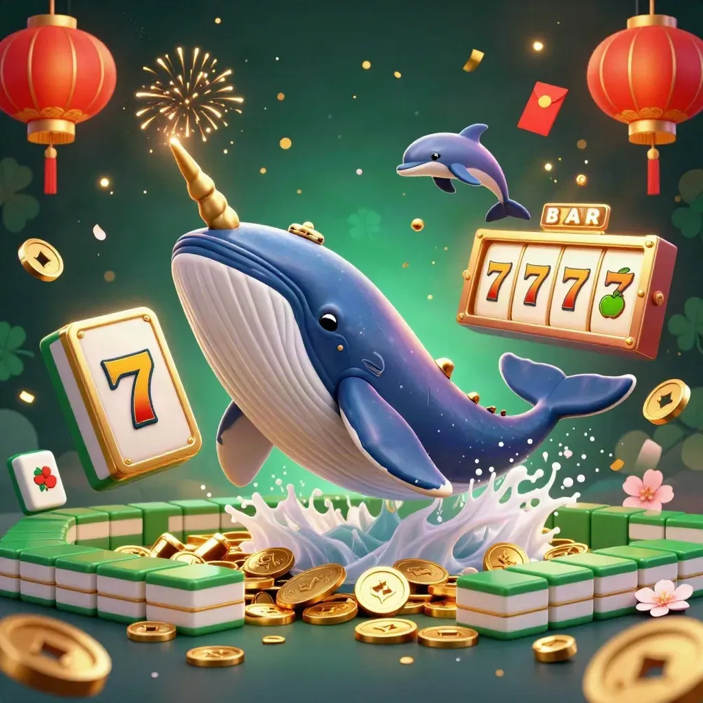 Paus kapten 3D, narwhal, dan lumba-lumba di lautan koin, neon kasino hijau-emas.