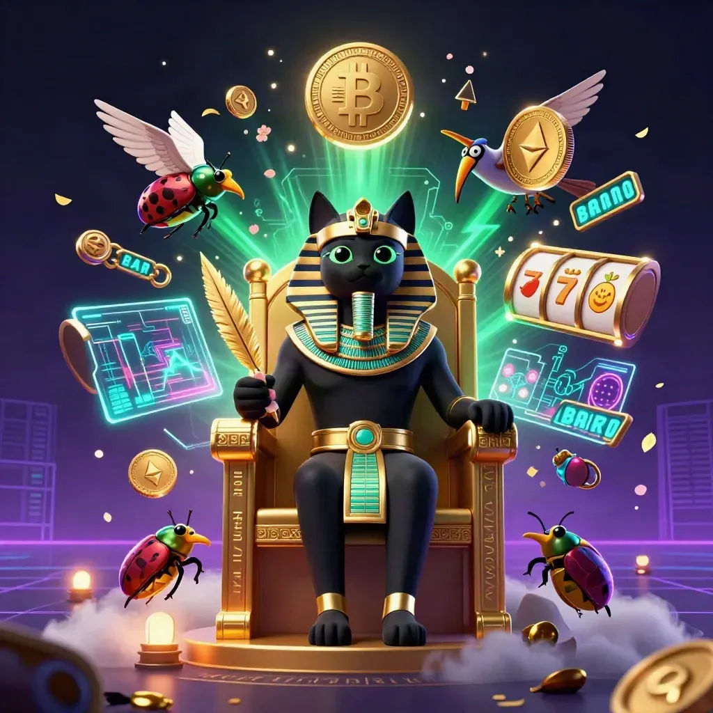 Raja kucing firaun, ibis, dan scarab di atas takhta emas dengan efek neon kasino