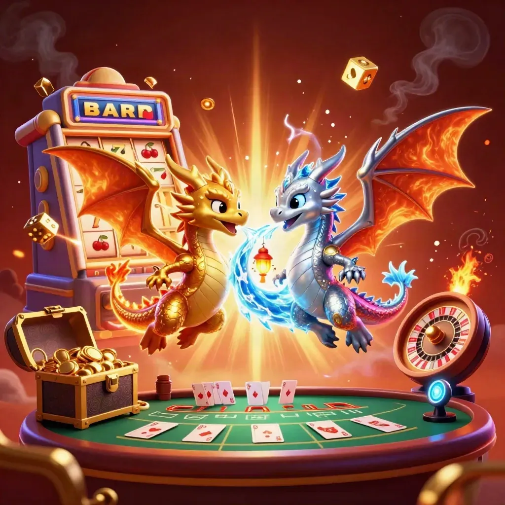 Naga emas dan perak berputar di atas mesin slot, dadu, kartu, dan cahaya neon kasino